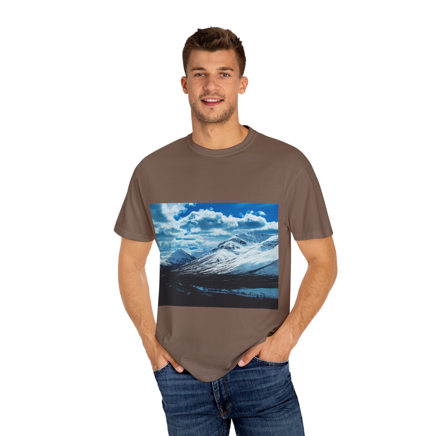 Alpine Majesty: Winter Mountain Panorama, Pristine Snow-Capped Peaks, Wilderness Landscapephotography shirts