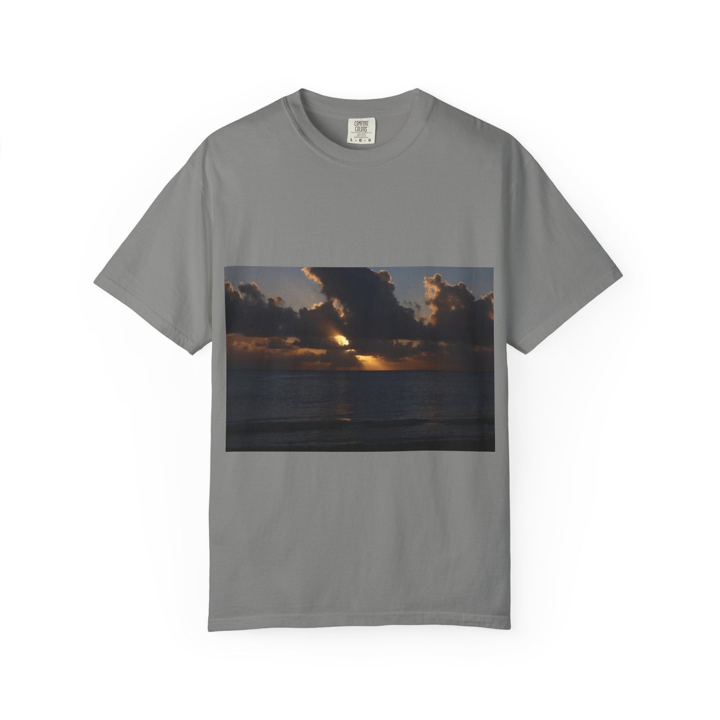 Dawn's Luminous Horizon: Seascape Sunrise, Coastal Cloudscape Panoramaphotography shirts