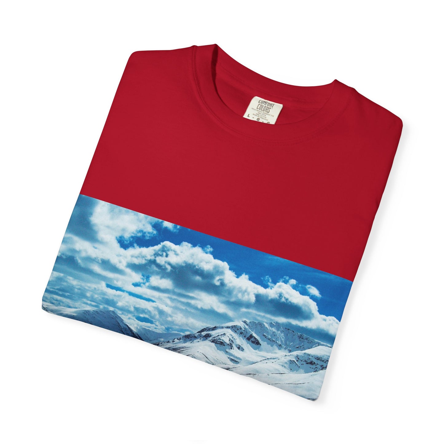 Alpine Majesty: Winter Mountain Panorama, Pristine Snow-Capped Peaks, Wilderness Landscapephotography shirts