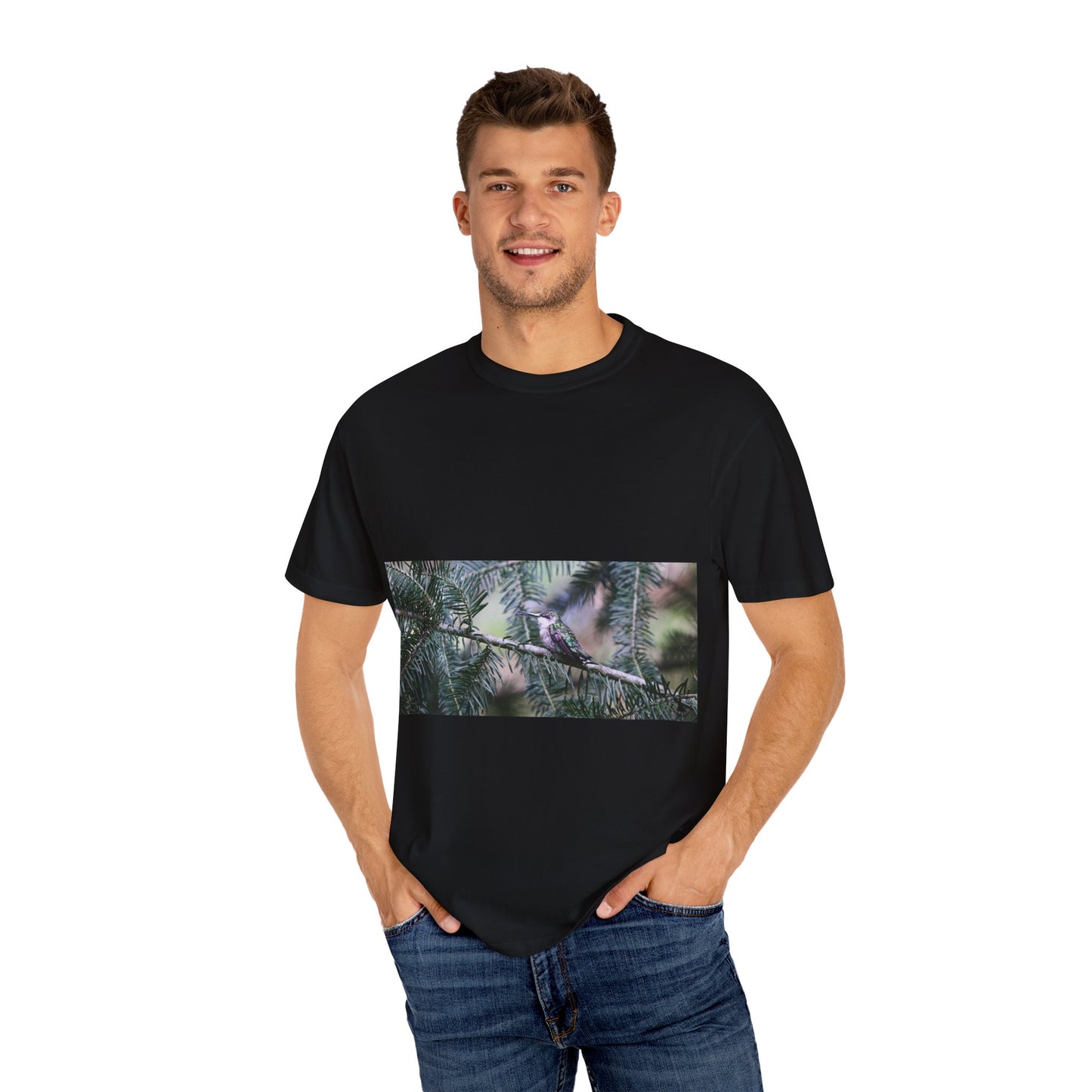 Emerald Wings: Hummingbird in Conifer Haven, Wildlife Macro Photographyphotography shirts