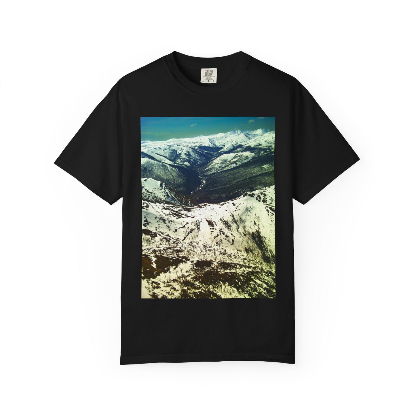 Alpine Winter Panorama: Aerial Mountain Landscape, Snow-Capped Wilderness, Pristine Winter Terrainphotography shirts