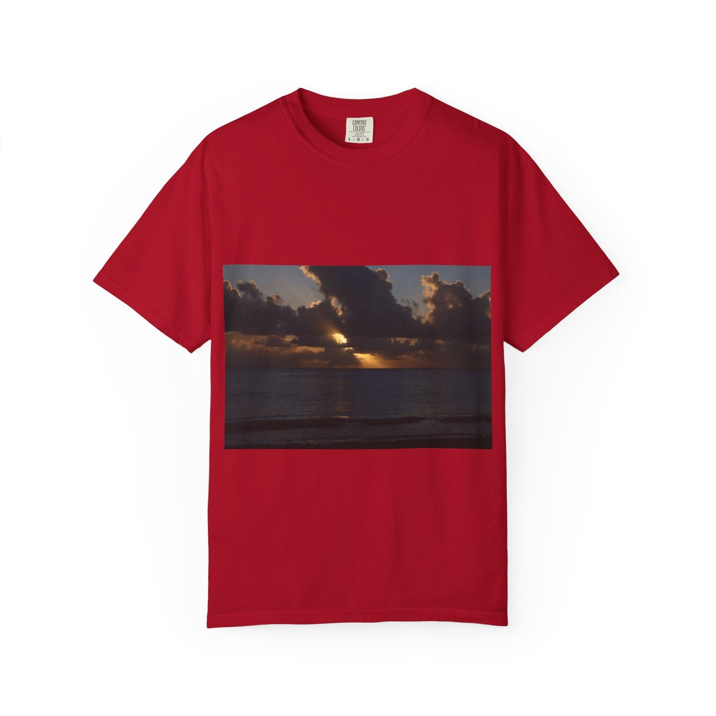 Dawn's Luminous Horizon: Seascape Sunrise, Coastal Cloudscape Panoramaphotography shirts