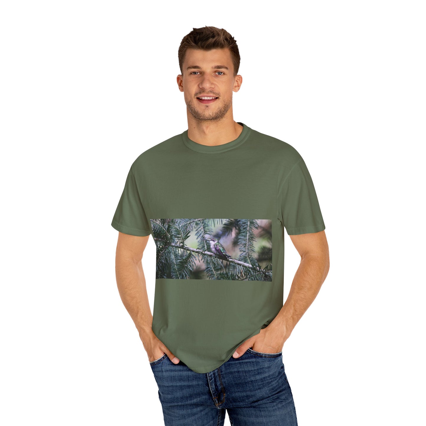 Emerald Wings: Hummingbird in Conifer Haven, Wildlife Macro Photographyphotography shirts