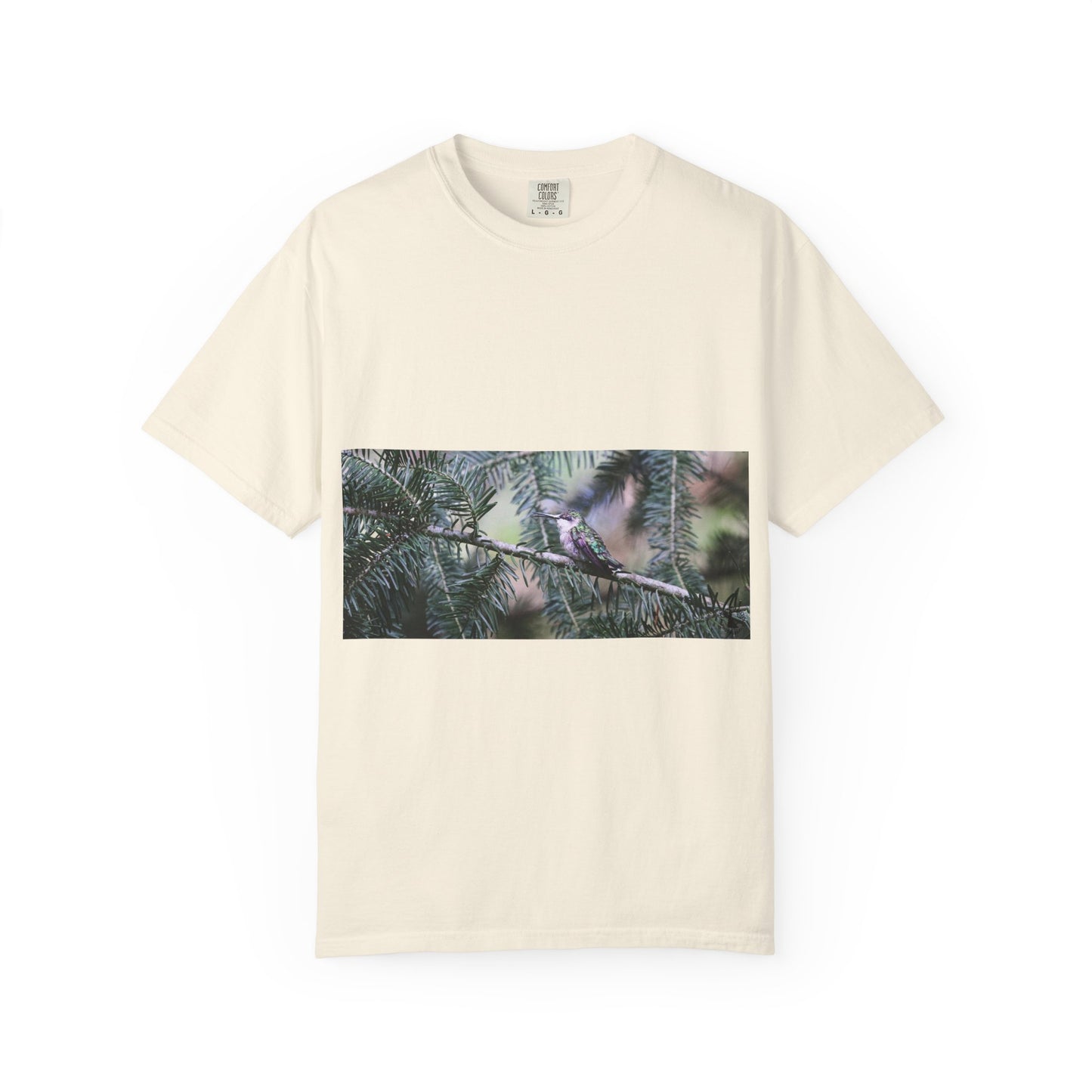 Emerald Wings: Hummingbird in Conifer Haven, Wildlife Macro Photographyphotography shirts