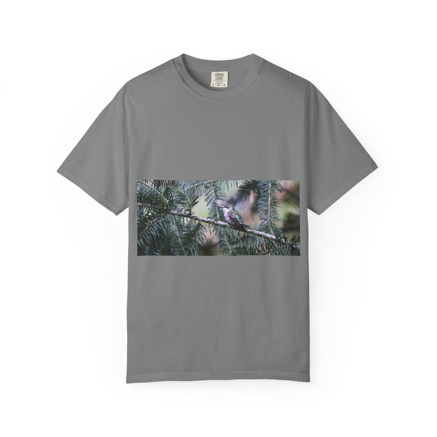 Emerald Wings: Hummingbird in Conifer Haven, Wildlife Macro Photographyphotography shirts