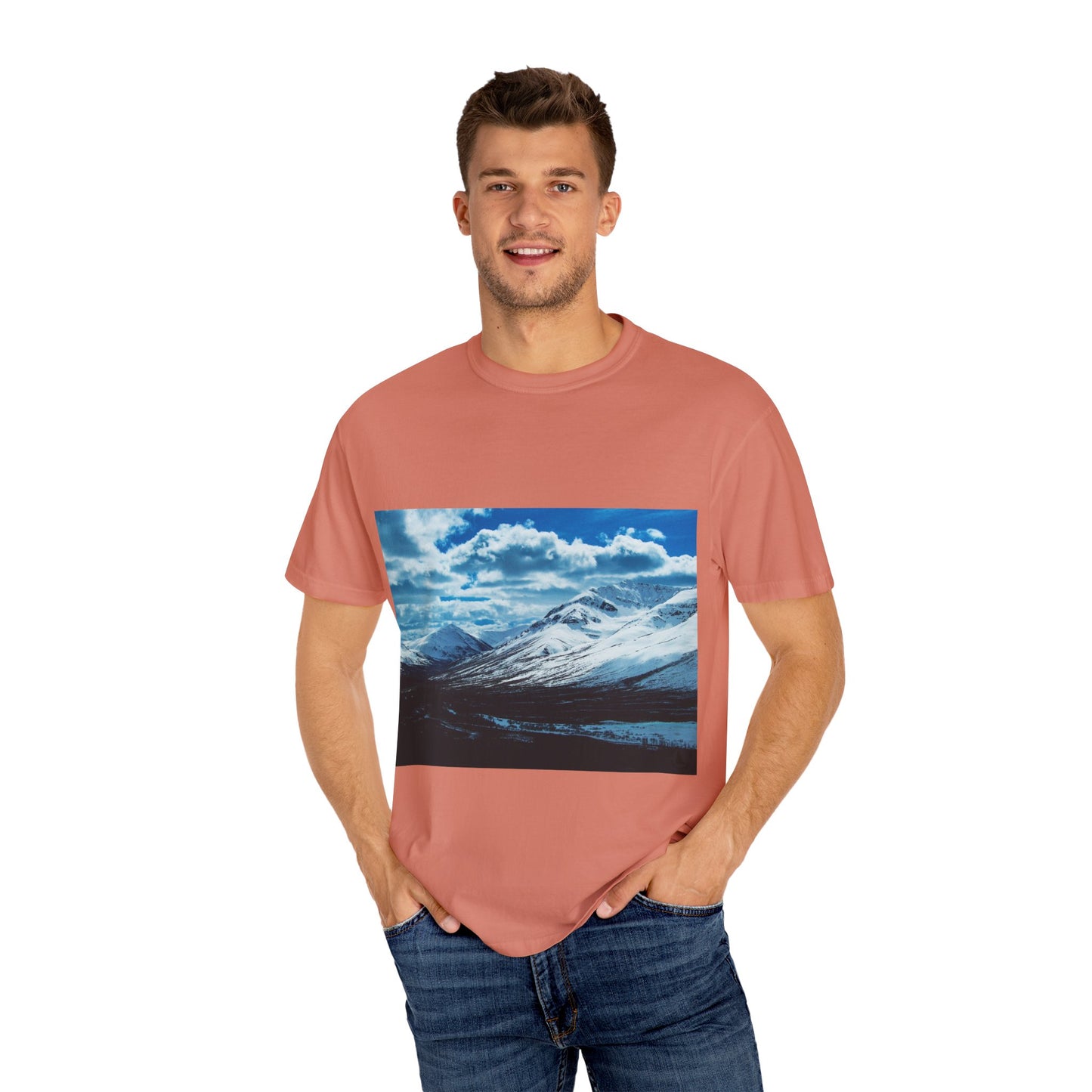Alpine Majesty: Winter Mountain Panorama, Pristine Snow-Capped Peaks, Wilderness Landscapephotography shirts