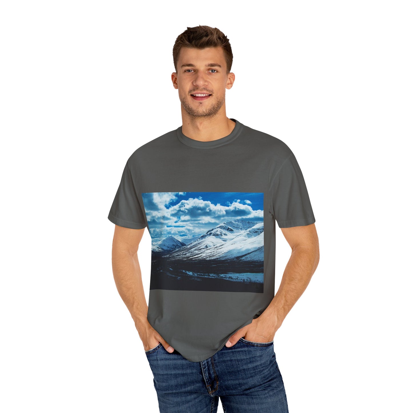 Alpine Majesty: Winter Mountain Panorama, Pristine Snow-Capped Peaks, Wilderness Landscapephotography shirts
