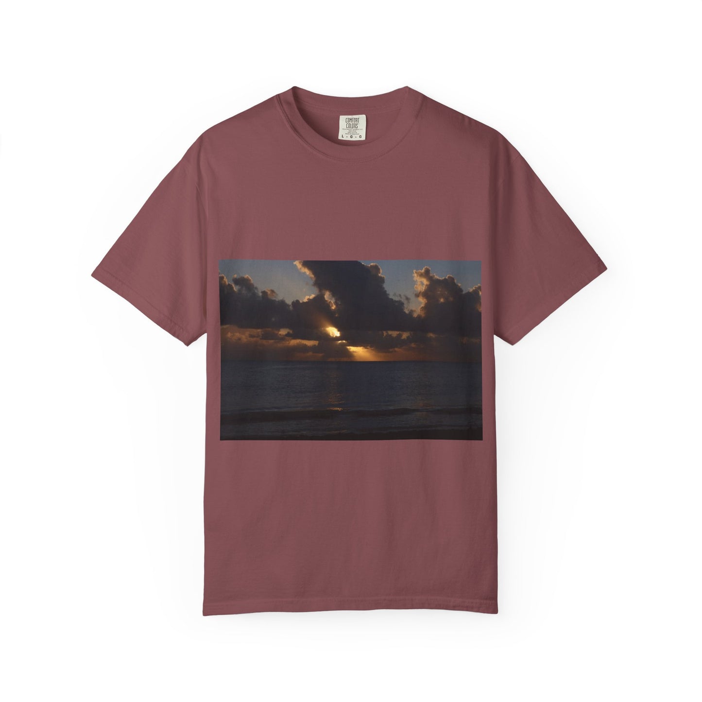 Dawn's Luminous Horizon: Seascape Sunrise, Coastal Cloudscape Panoramaphotography shirts