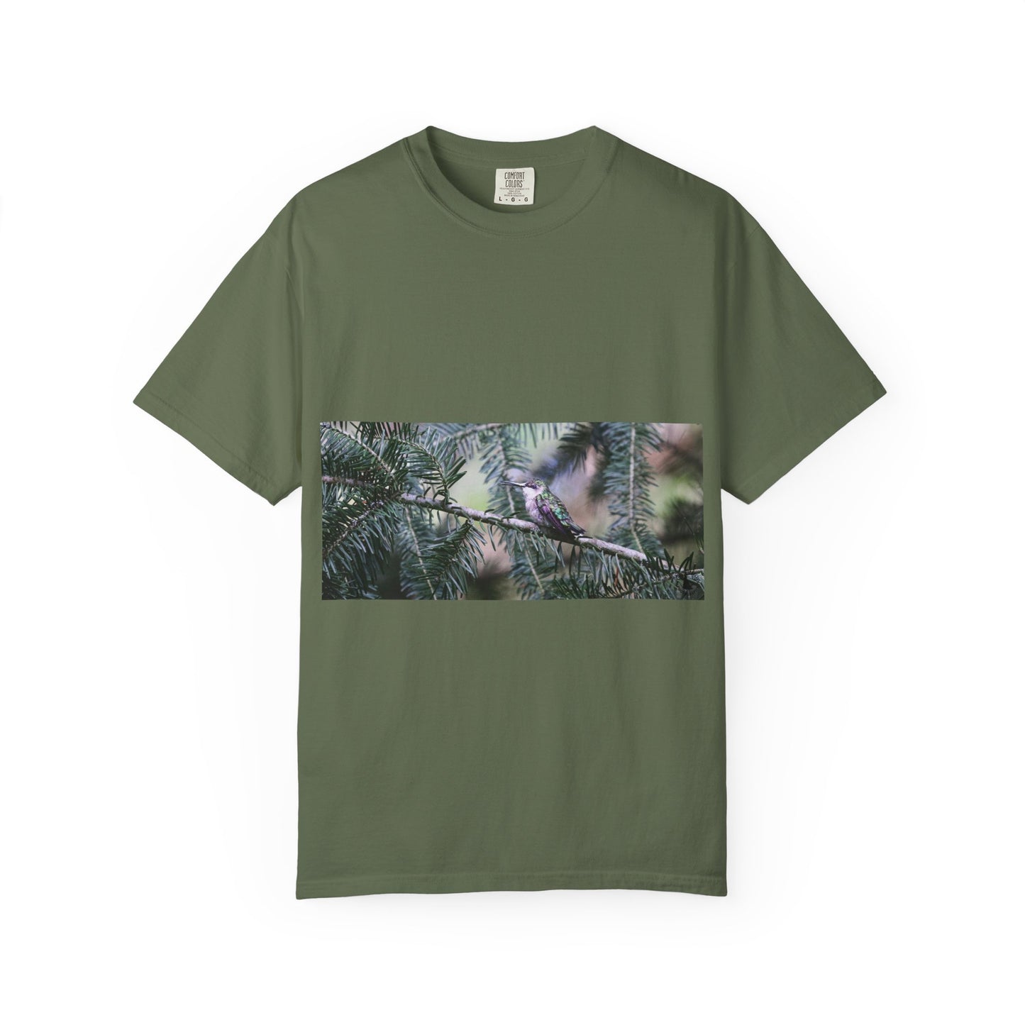 Emerald Wings: Hummingbird in Conifer Haven, Wildlife Macro Photographyphotography shirts