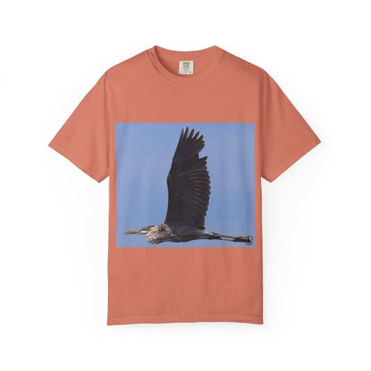 Aerial Grace: Great Blue Heron in Flight, Wildlife Photography Masterpiecephotography shirts