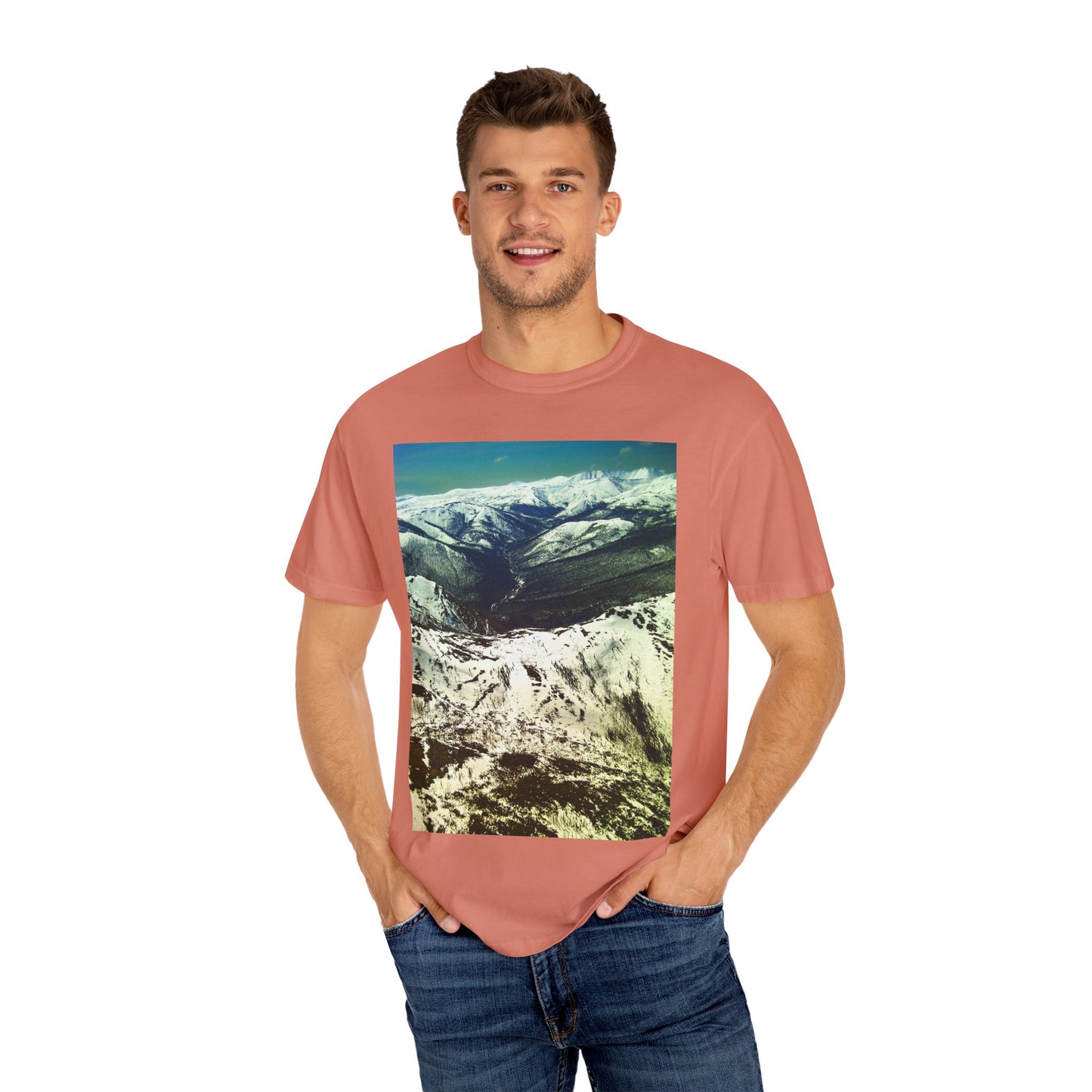 Alpine Winter Panorama: Aerial Mountain Landscape, Snow-Capped Wilderness, Pristine Winter Terrainphotography shirts
