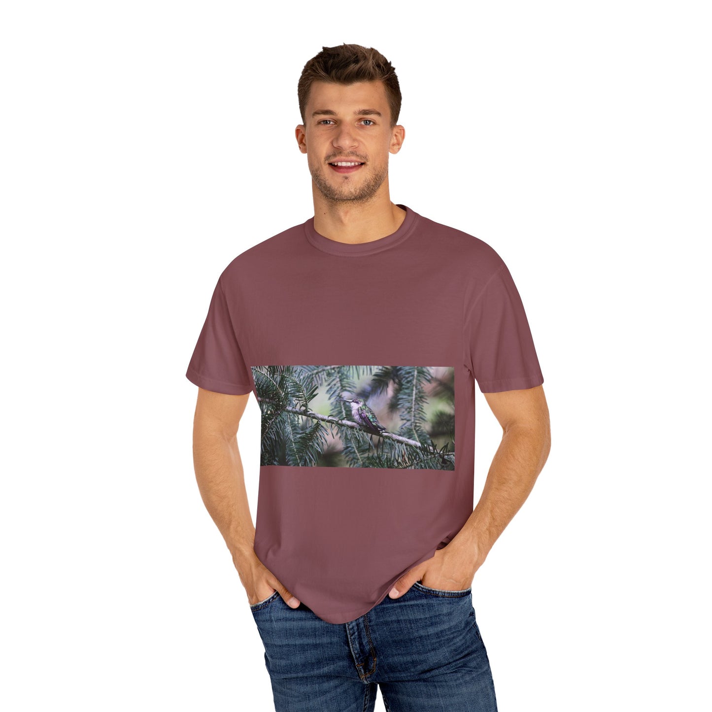 Emerald Wings: Hummingbird in Conifer Haven, Wildlife Macro Photographyphotography shirts