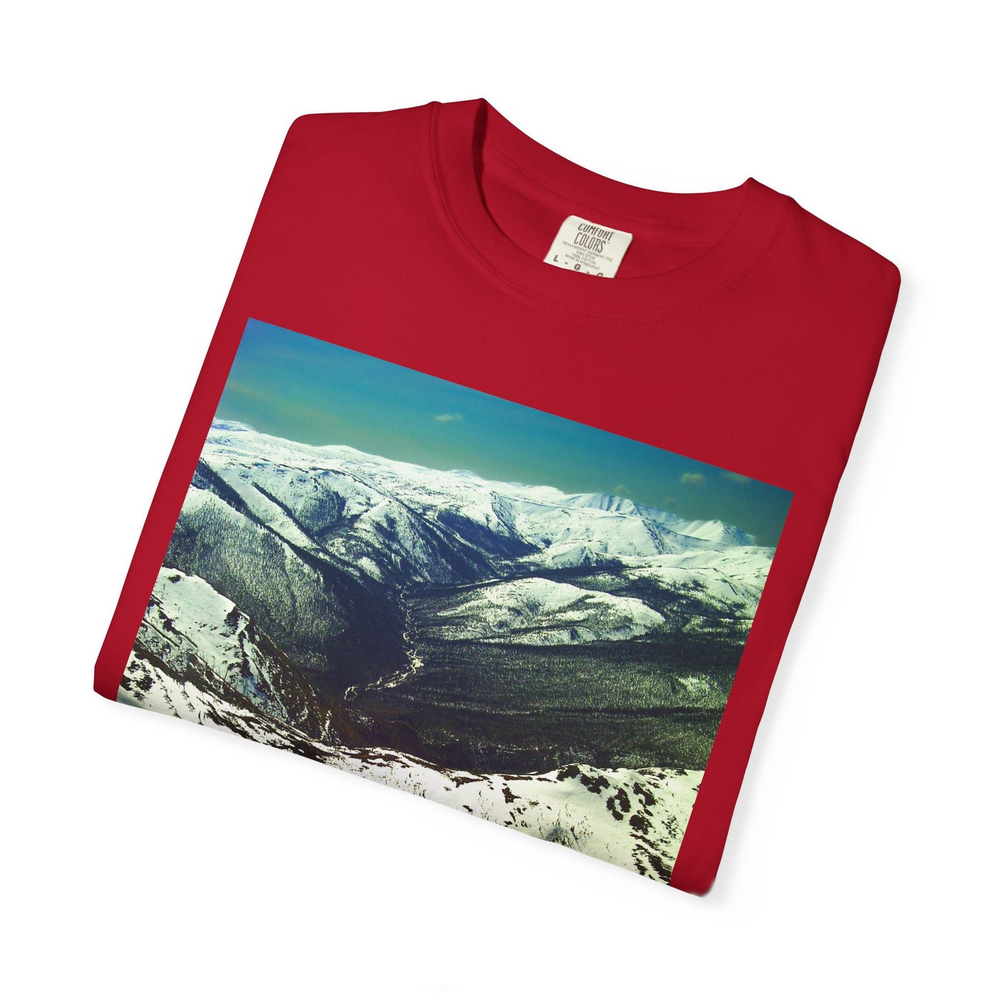 Alpine Winter Panorama: Aerial Mountain Landscape, Snow-Capped Wilderness, Pristine Winter Terrainphotography shirts