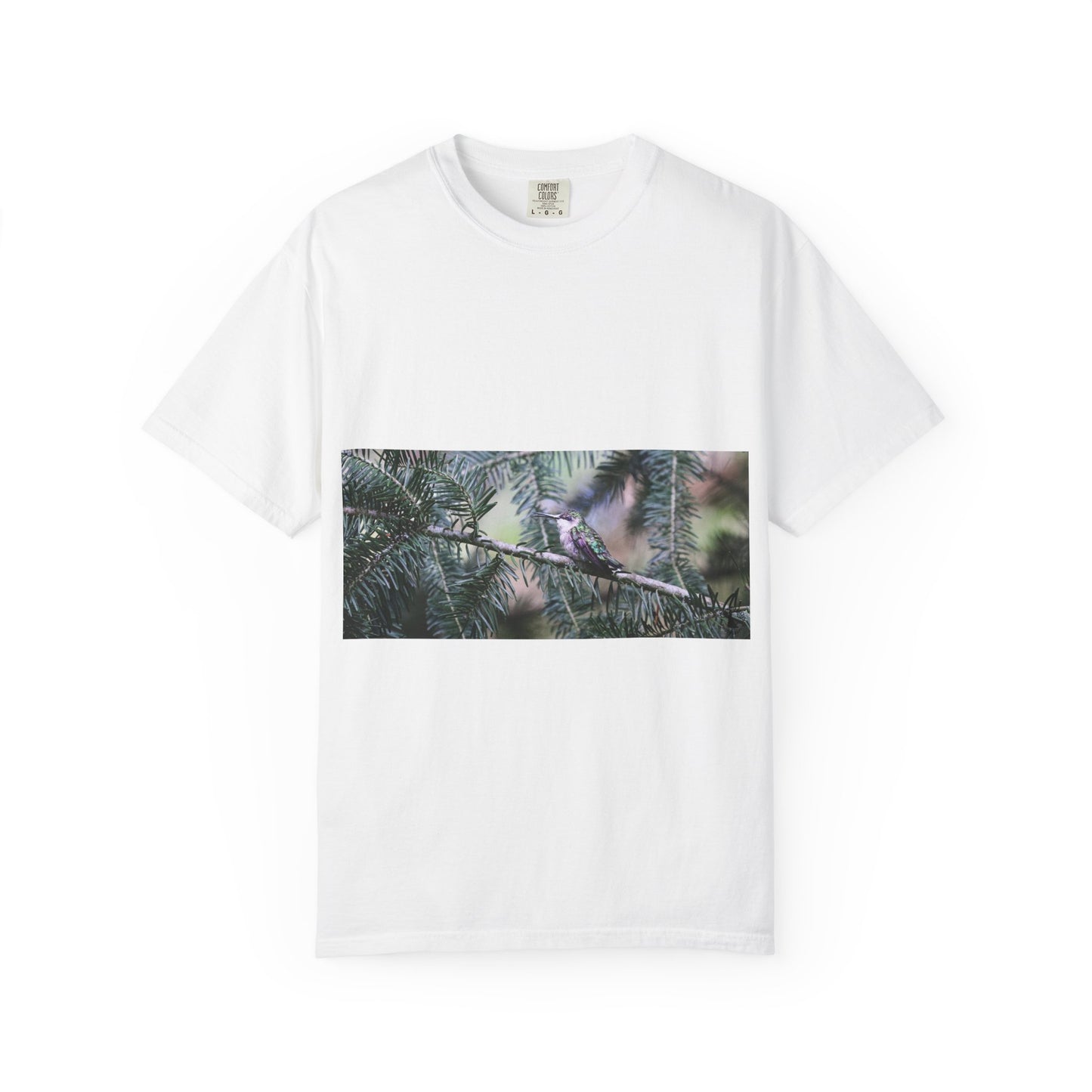 Emerald Wings: Hummingbird in Conifer Haven, Wildlife Macro Photographyphotography shirts