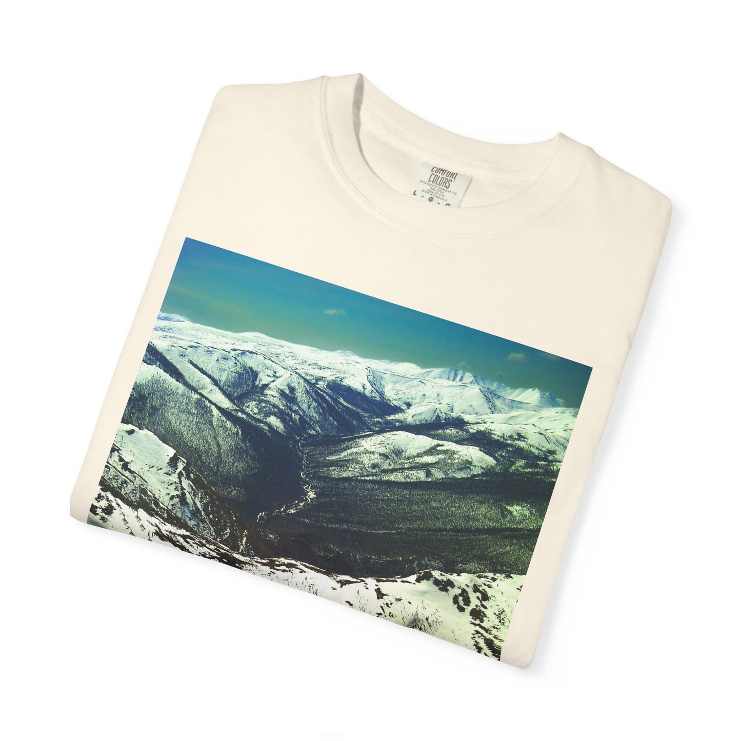 Alpine Winter Panorama: Aerial Mountain Landscape, Snow-Capped Wilderness, Pristine Winter Terrainphotography shirts