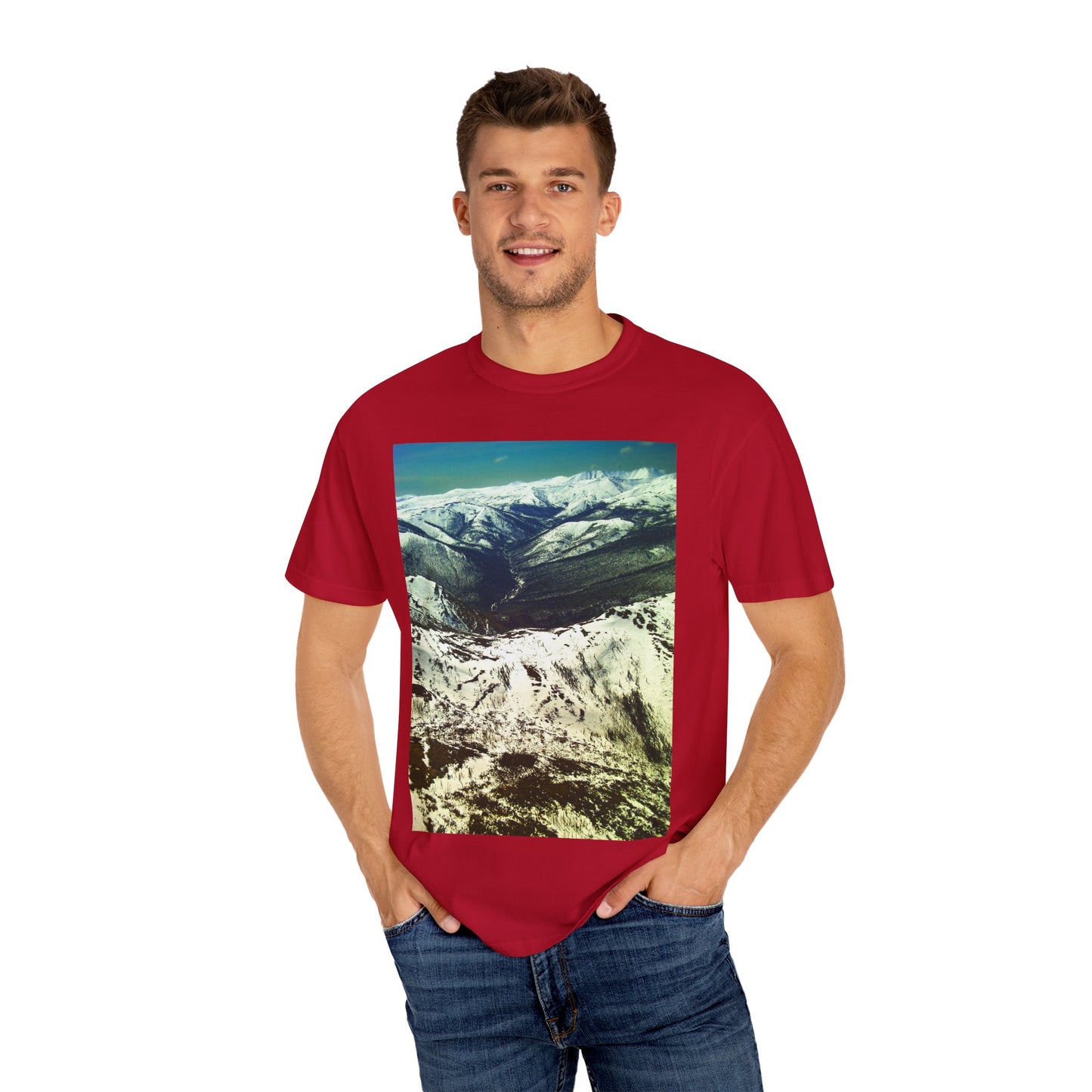 Alpine Winter Panorama: Aerial Mountain Landscape, Snow-Capped Wilderness, Pristine Winter Terrainphotography shirts