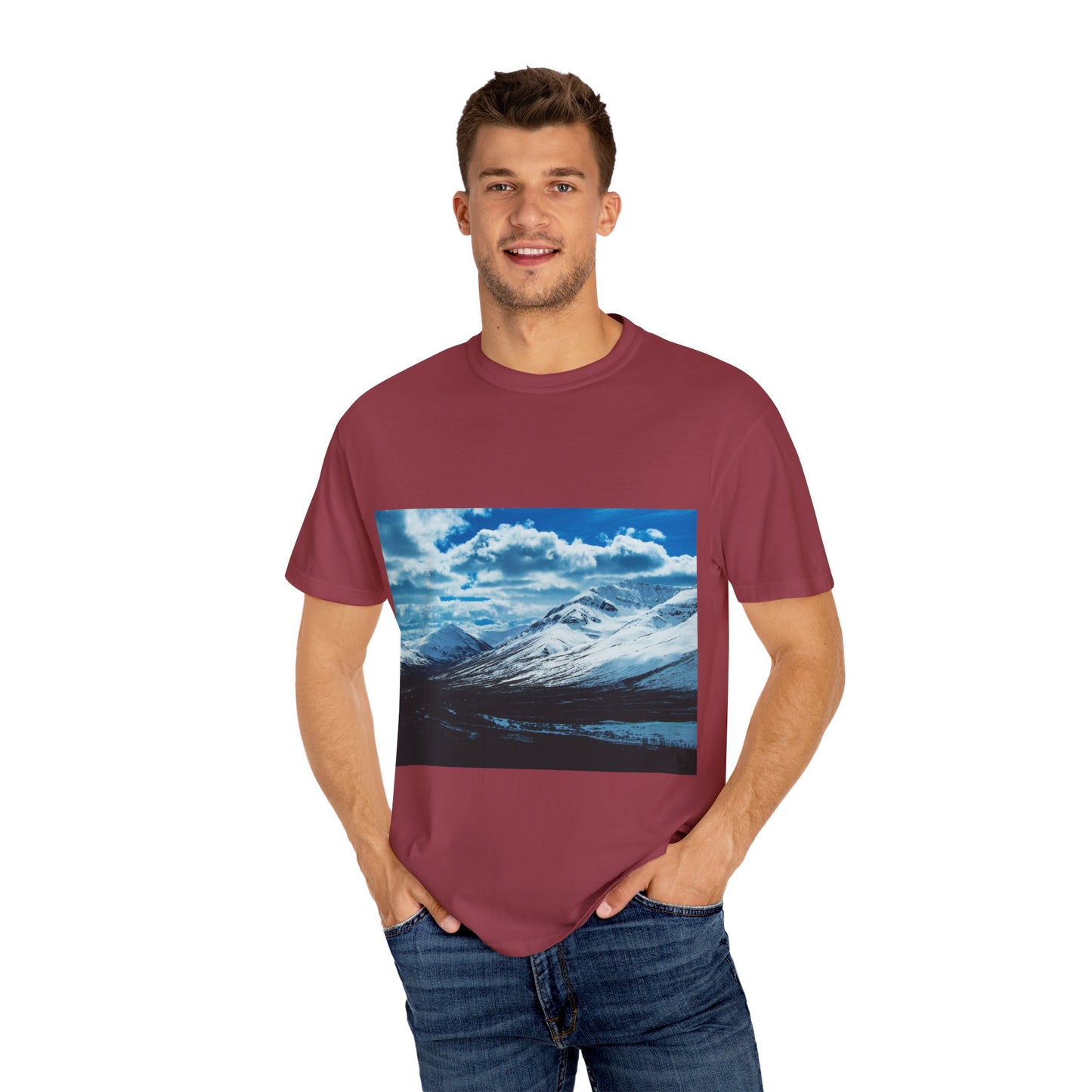 Alpine Majesty: Winter Mountain Panorama, Pristine Snow-Capped Peaks, Wilderness Landscapephotography shirts