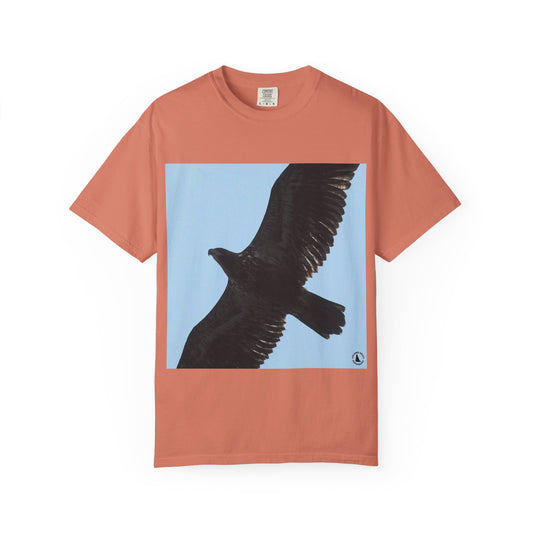 Aerial Majesty: Soaring Raptor in Flight, Black Eagle Silhouettephotography shirts