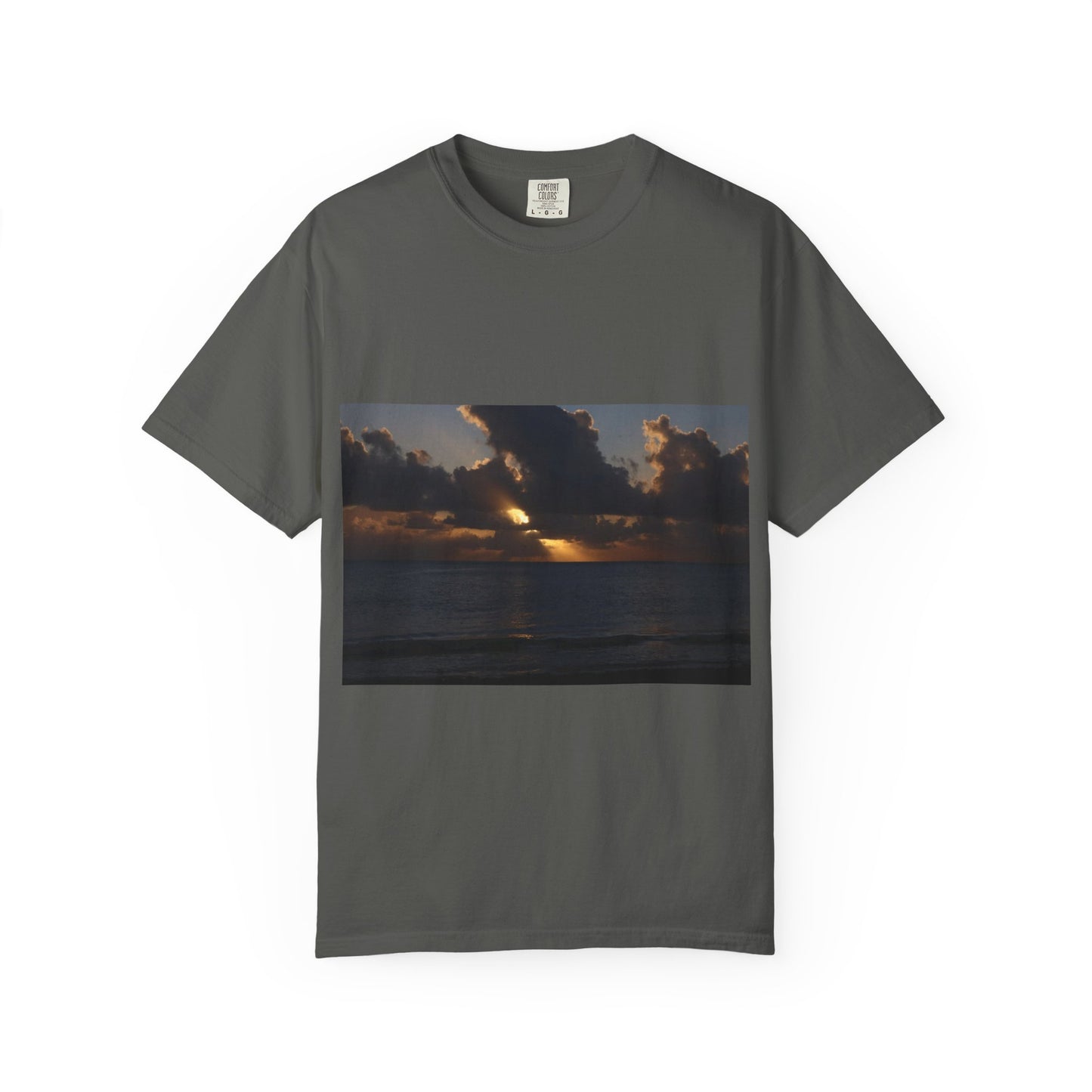 Dawn's Luminous Horizon: Seascape Sunrise, Coastal Cloudscape Panoramaphotography shirts