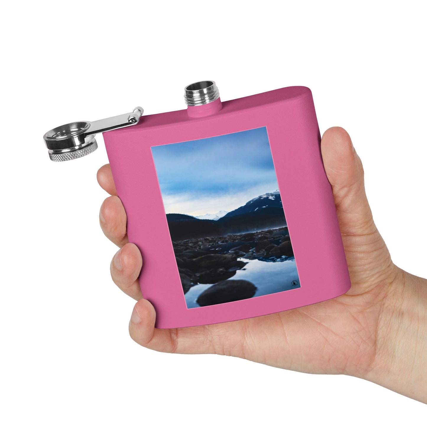 6oz Stainless Steel Flask — Mountain Lake Landscape Photo