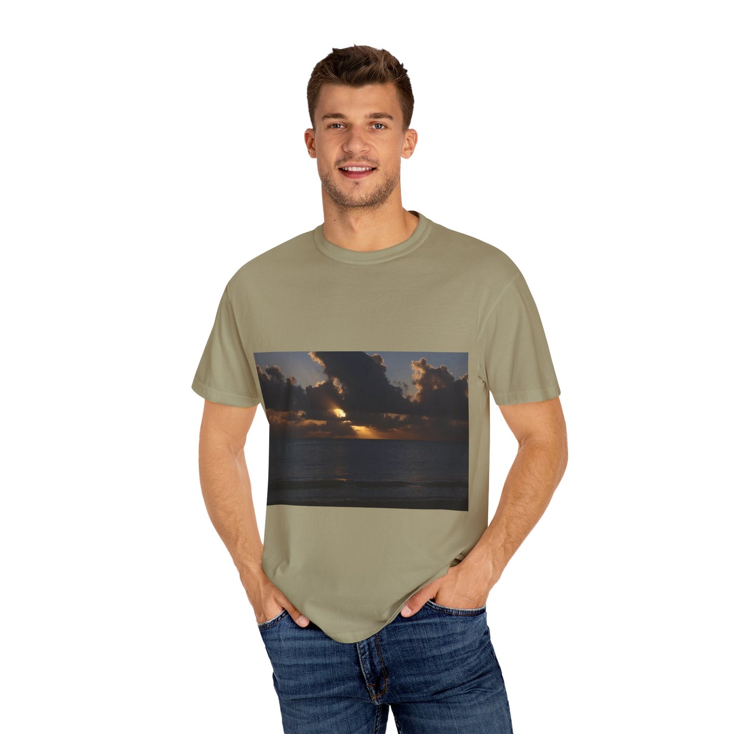 Dawn's Luminous Horizon: Seascape Sunrise, Coastal Cloudscape Panoramaphotography shirts