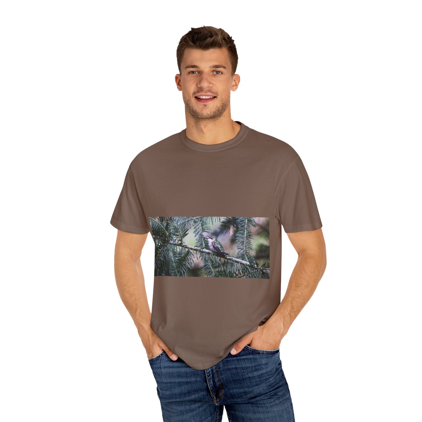 Emerald Wings: Hummingbird in Conifer Haven, Wildlife Macro Photographyphotography shirts