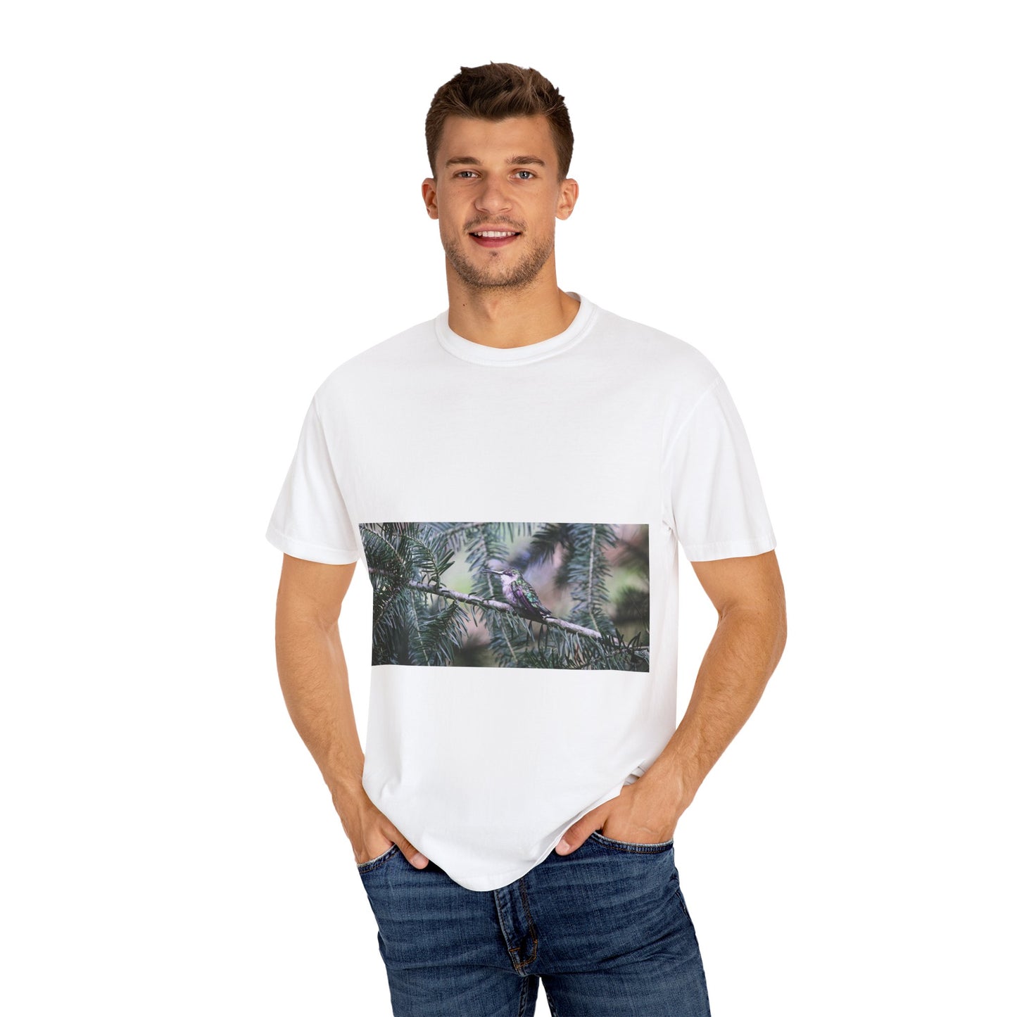 Emerald Wings: Hummingbird in Conifer Haven, Wildlife Macro Photographyphotography shirts