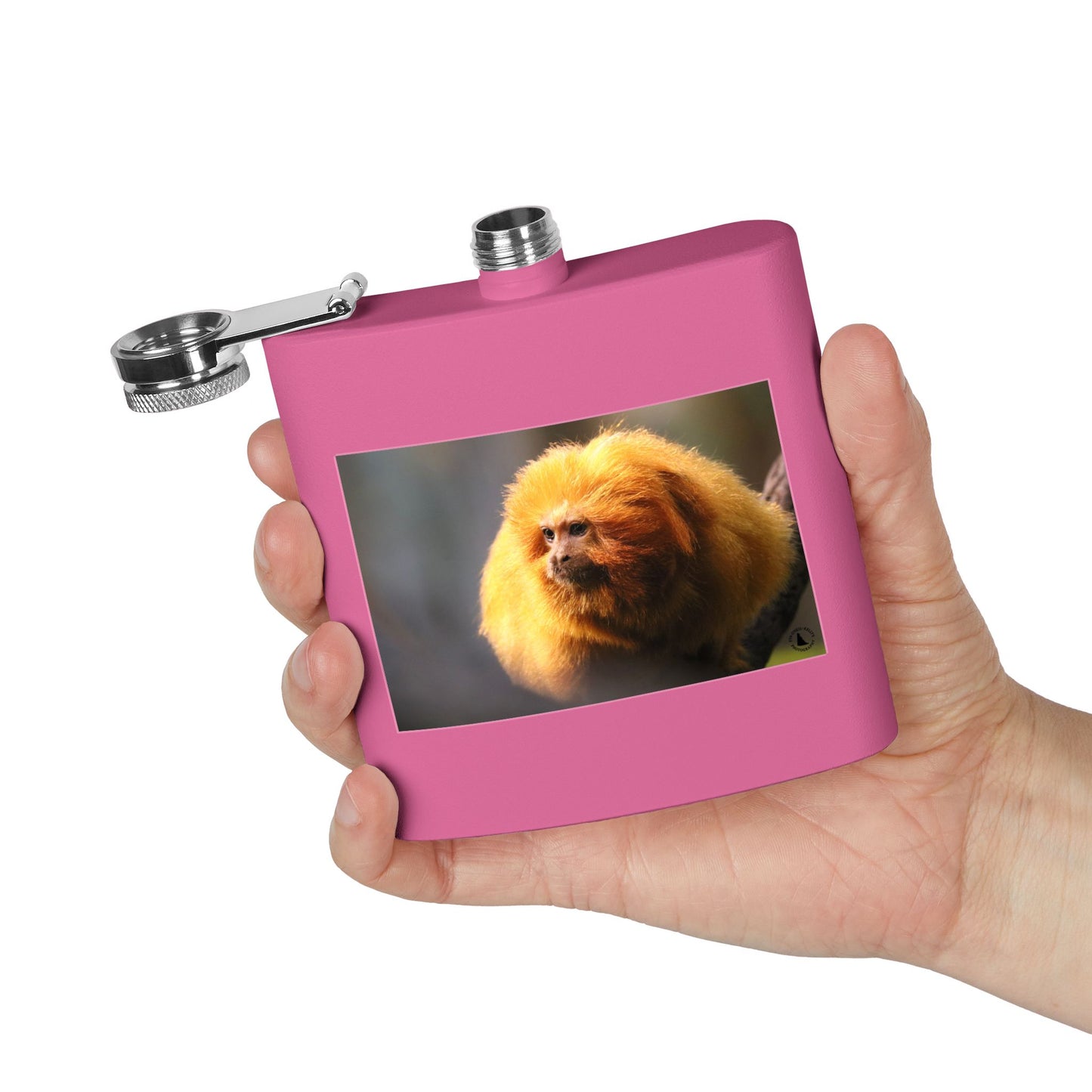 6oz Stainless Steel Flask with Golden Lion Tamarin Photo