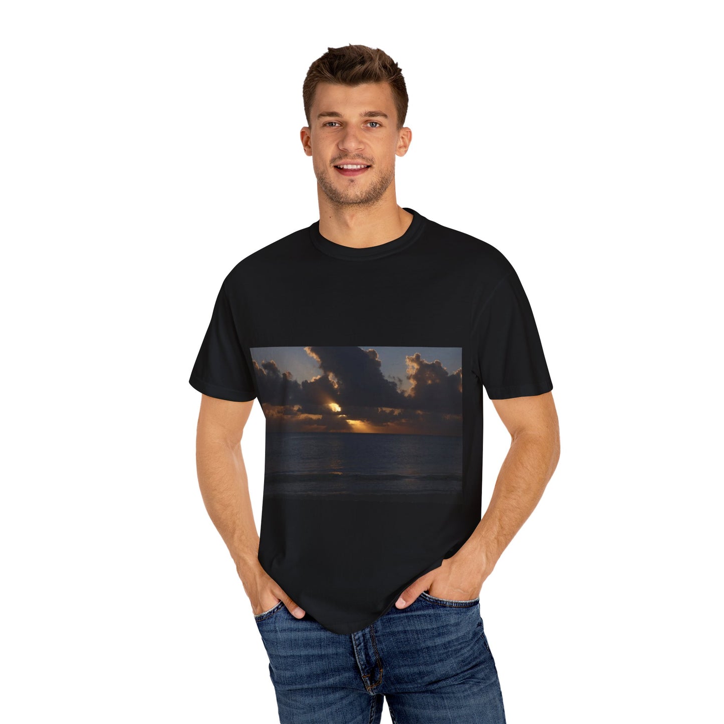 Dawn's Luminous Horizon: Seascape Sunrise, Coastal Cloudscape Panoramaphotography shirts