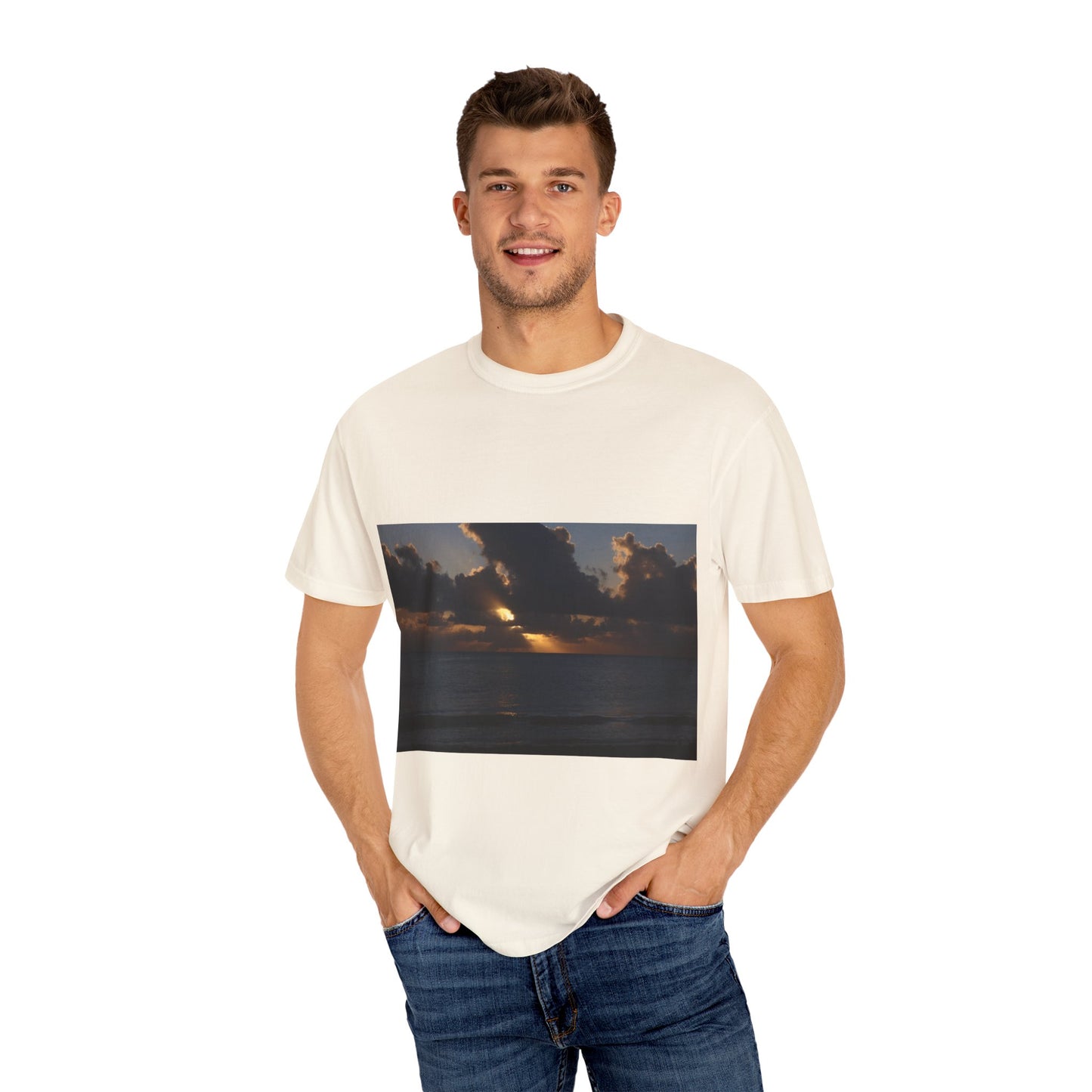 Dawn's Luminous Horizon: Seascape Sunrise, Coastal Cloudscape Panoramaphotography shirts
