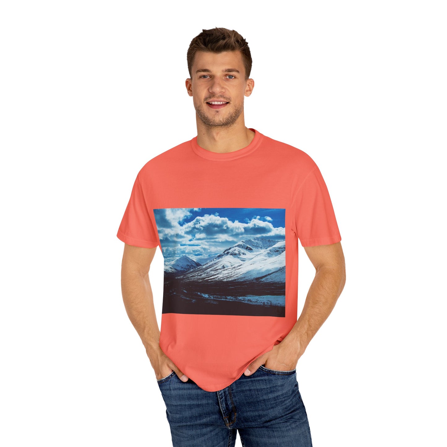 Alpine Majesty: Winter Mountain Panorama, Pristine Snow-Capped Peaks, Wilderness Landscapephotography shirts