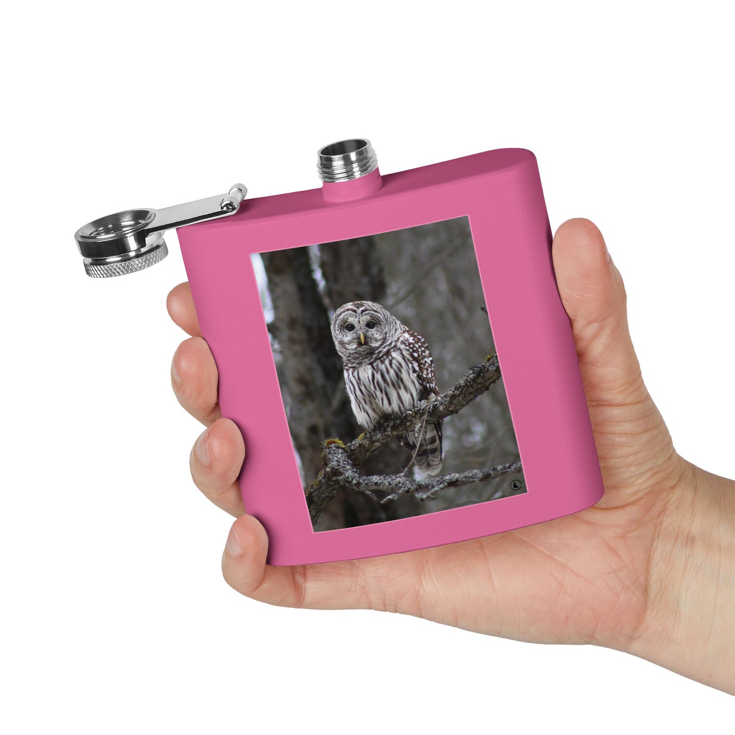 6oz Stainless Flask with Barred Owl Photo – Wildlife Nature Gift