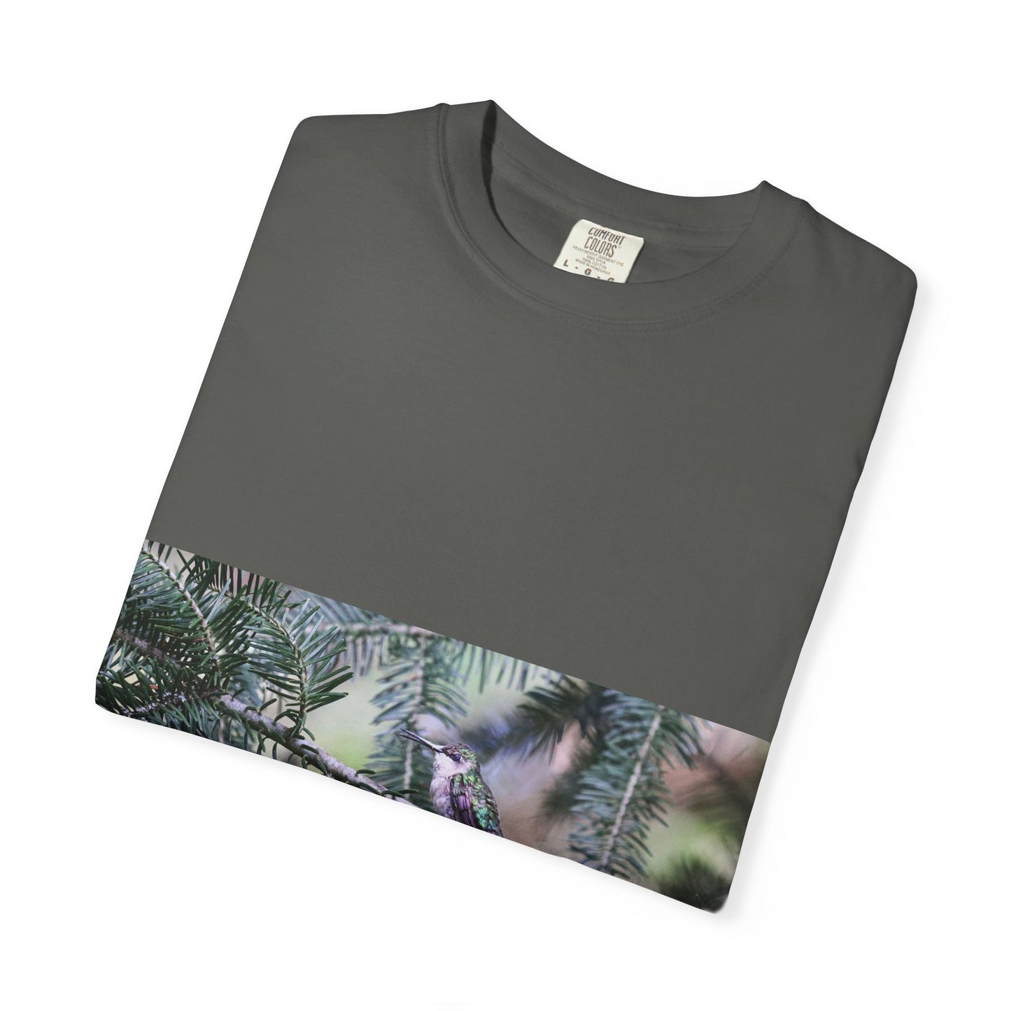 Emerald Wings: Hummingbird in Conifer Haven, Wildlife Macro Photographyphotography shirts