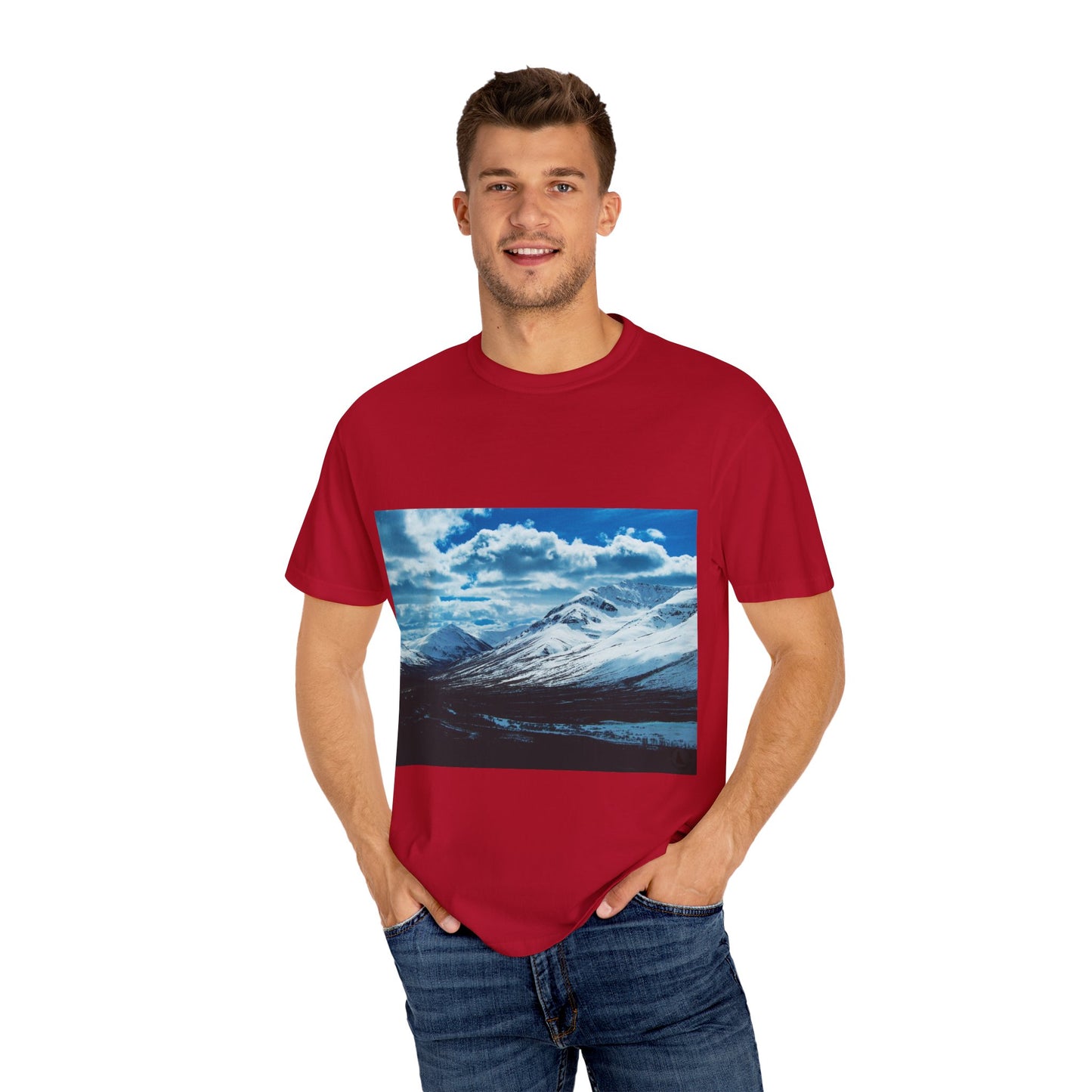 Alpine Majesty: Winter Mountain Panorama, Pristine Snow-Capped Peaks, Wilderness Landscapephotography shirts