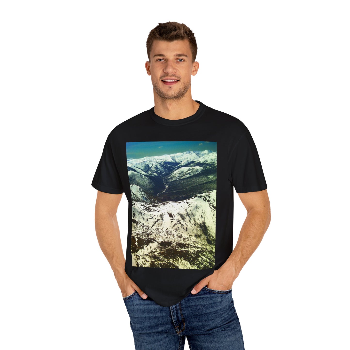 Alpine Winter Panorama: Aerial Mountain Landscape, Snow-Capped Wilderness, Pristine Winter Terrainphotography shirts