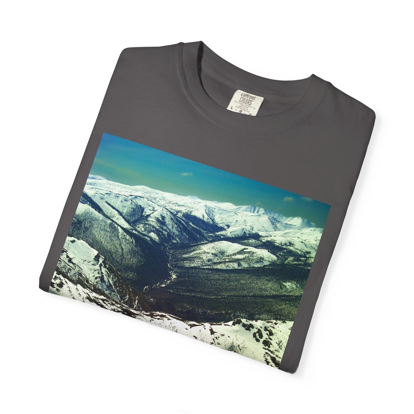 Alpine Winter Panorama: Aerial Mountain Landscape, Snow-Capped Wilderness, Pristine Winter Terrainphotography shirts