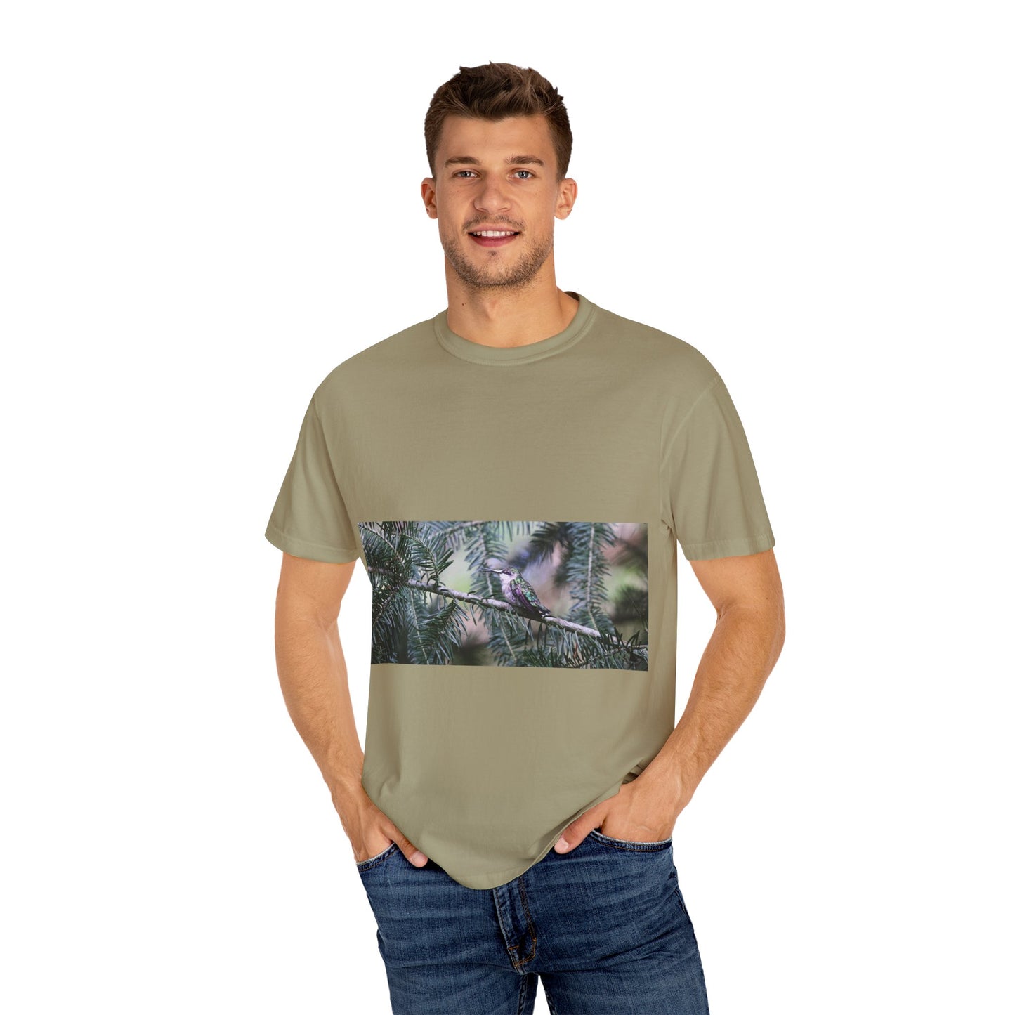 Emerald Wings: Hummingbird in Conifer Haven, Wildlife Macro Photographyphotography shirts