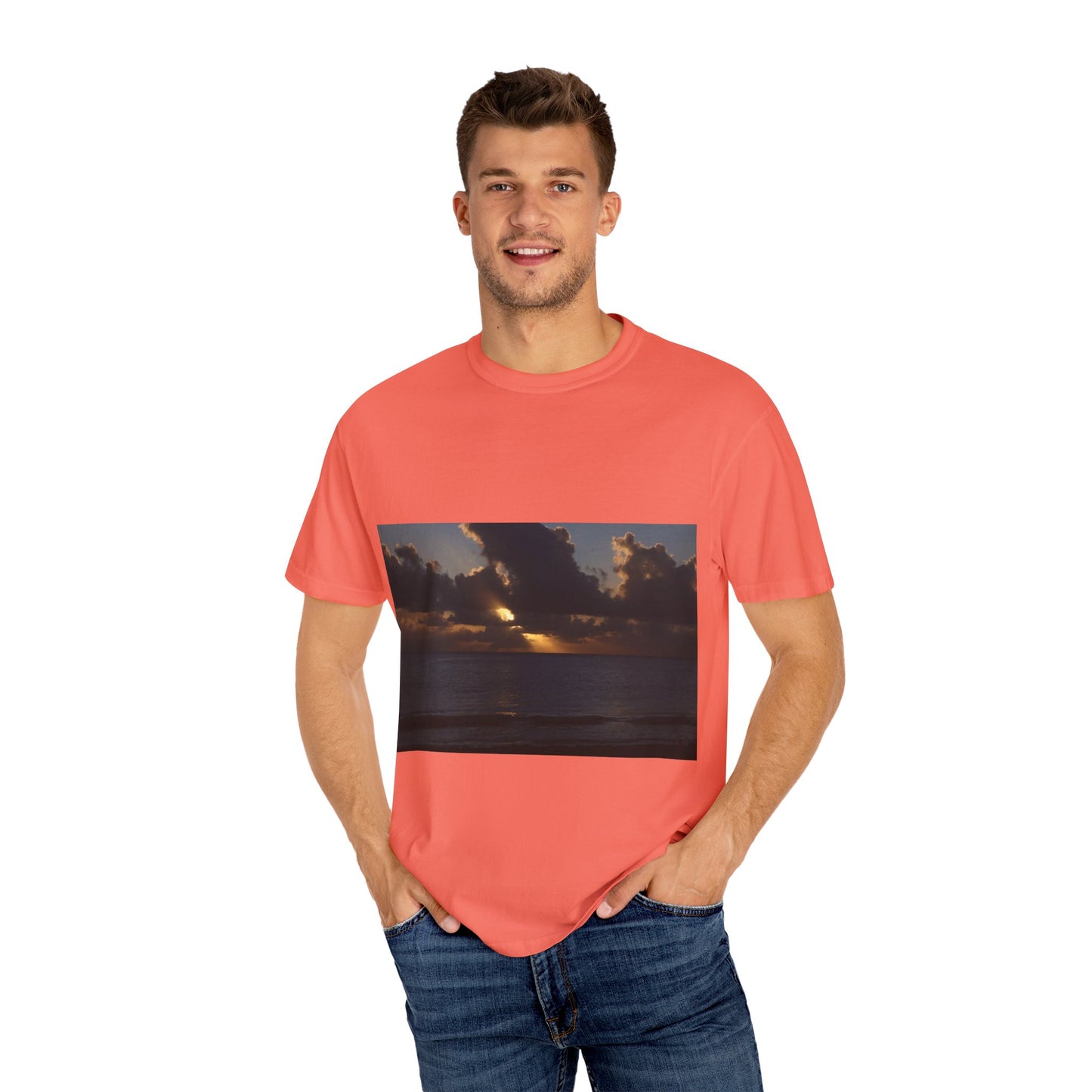 Dawn's Luminous Horizon: Seascape Sunrise, Coastal Cloudscape Panoramaphotography shirts