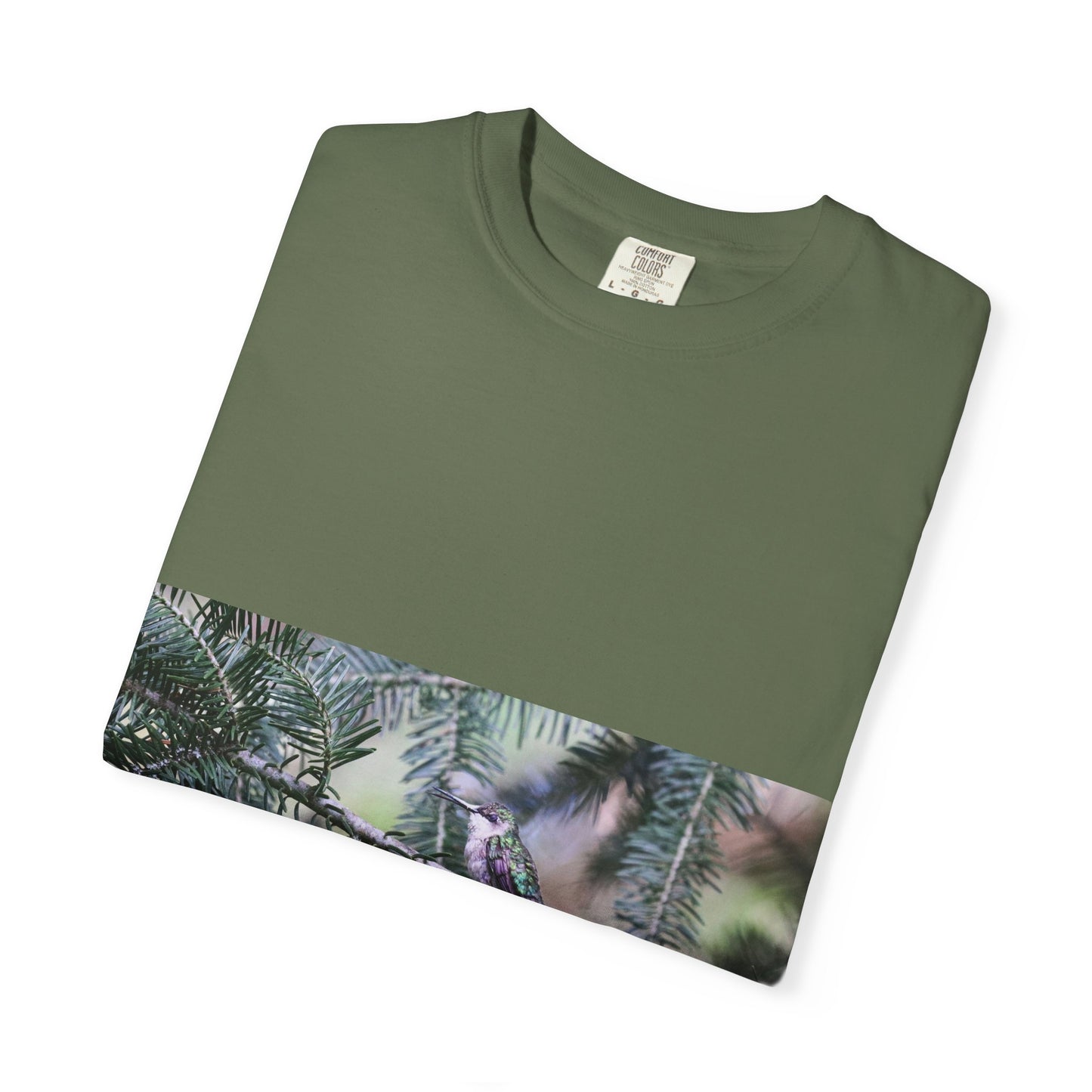 Emerald Wings: Hummingbird in Conifer Haven, Wildlife Macro Photographyphotography shirts