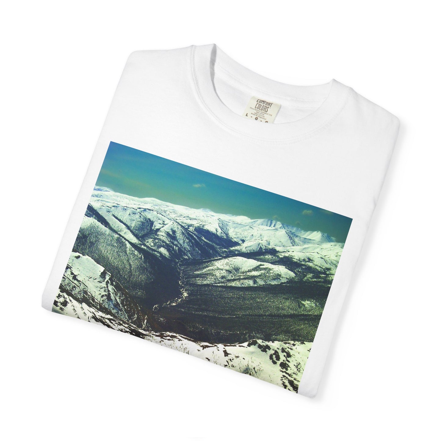 Alpine Winter Panorama: Aerial Mountain Landscape, Snow-Capped Wilderness, Pristine Winter Terrainphotography shirts