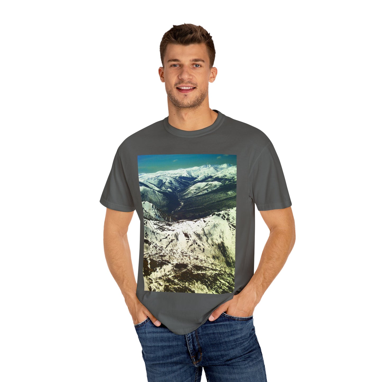 Alpine Winter Panorama: Aerial Mountain Landscape, Snow-Capped Wilderness, Pristine Winter Terrainphotography shirts