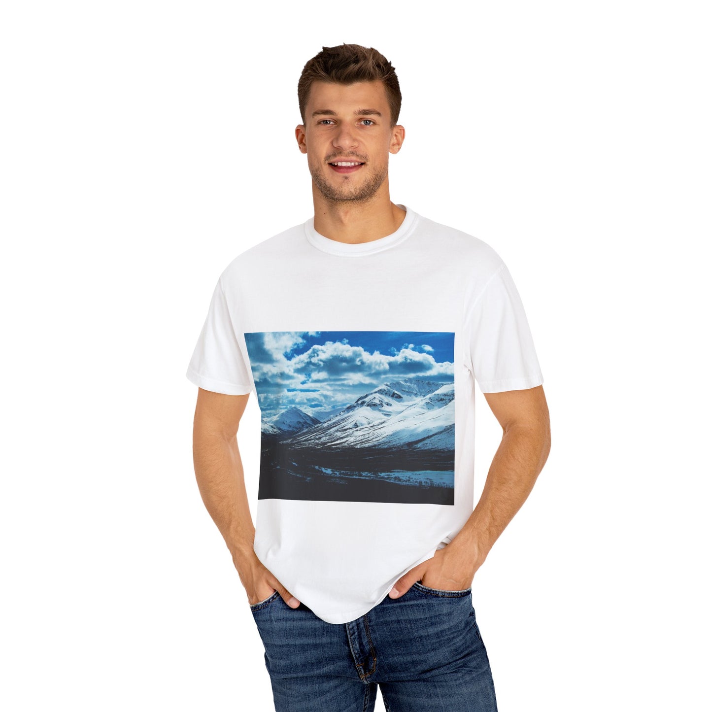 Alpine Majesty: Winter Mountain Panorama, Pristine Snow-Capped Peaks, Wilderness Landscapephotography shirts
