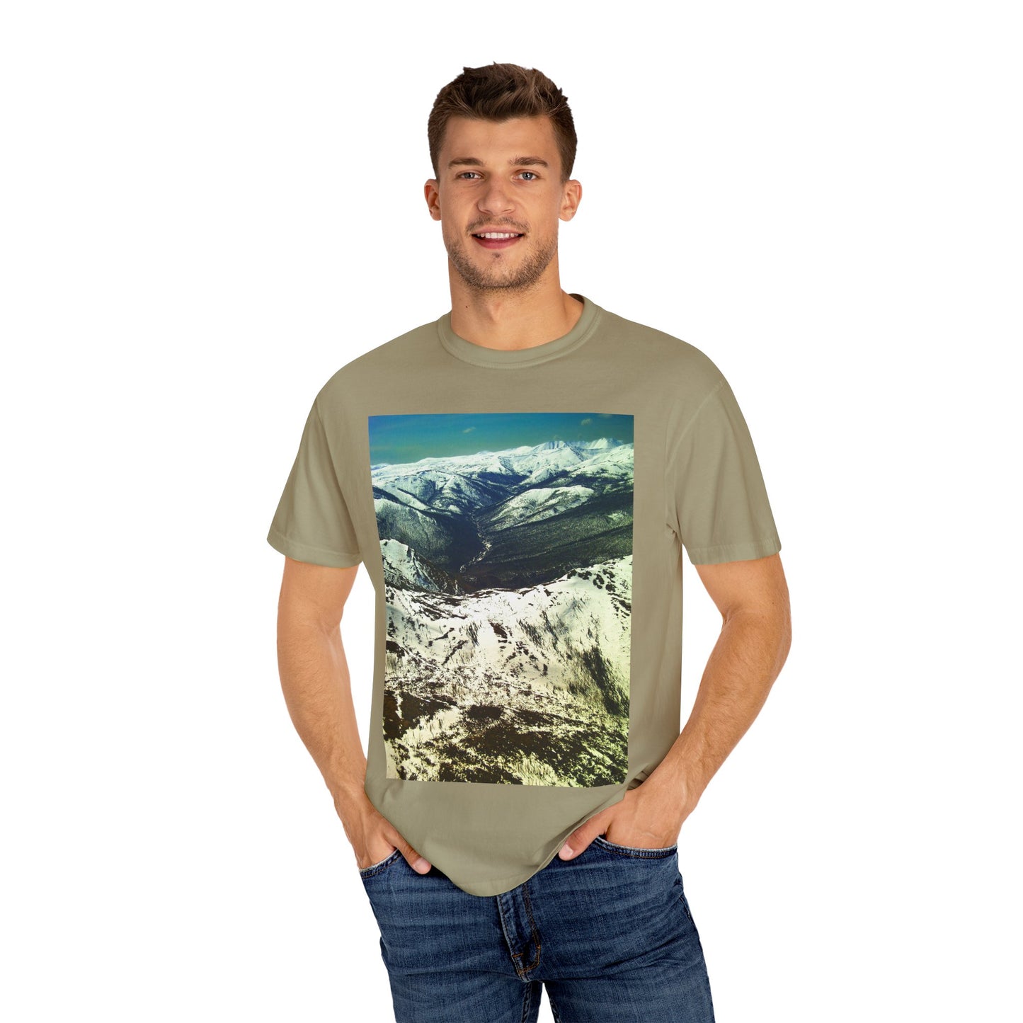 Alpine Winter Panorama: Aerial Mountain Landscape, Snow-Capped Wilderness, Pristine Winter Terrainphotography shirts