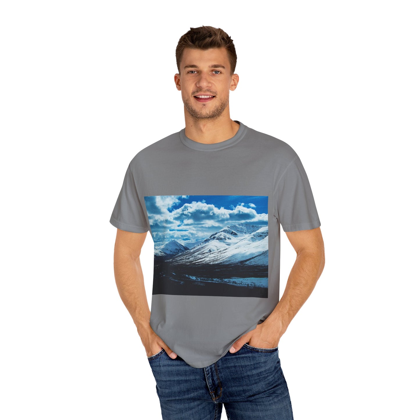 Alpine Majesty: Winter Mountain Panorama, Pristine Snow-Capped Peaks, Wilderness Landscapephotography shirts