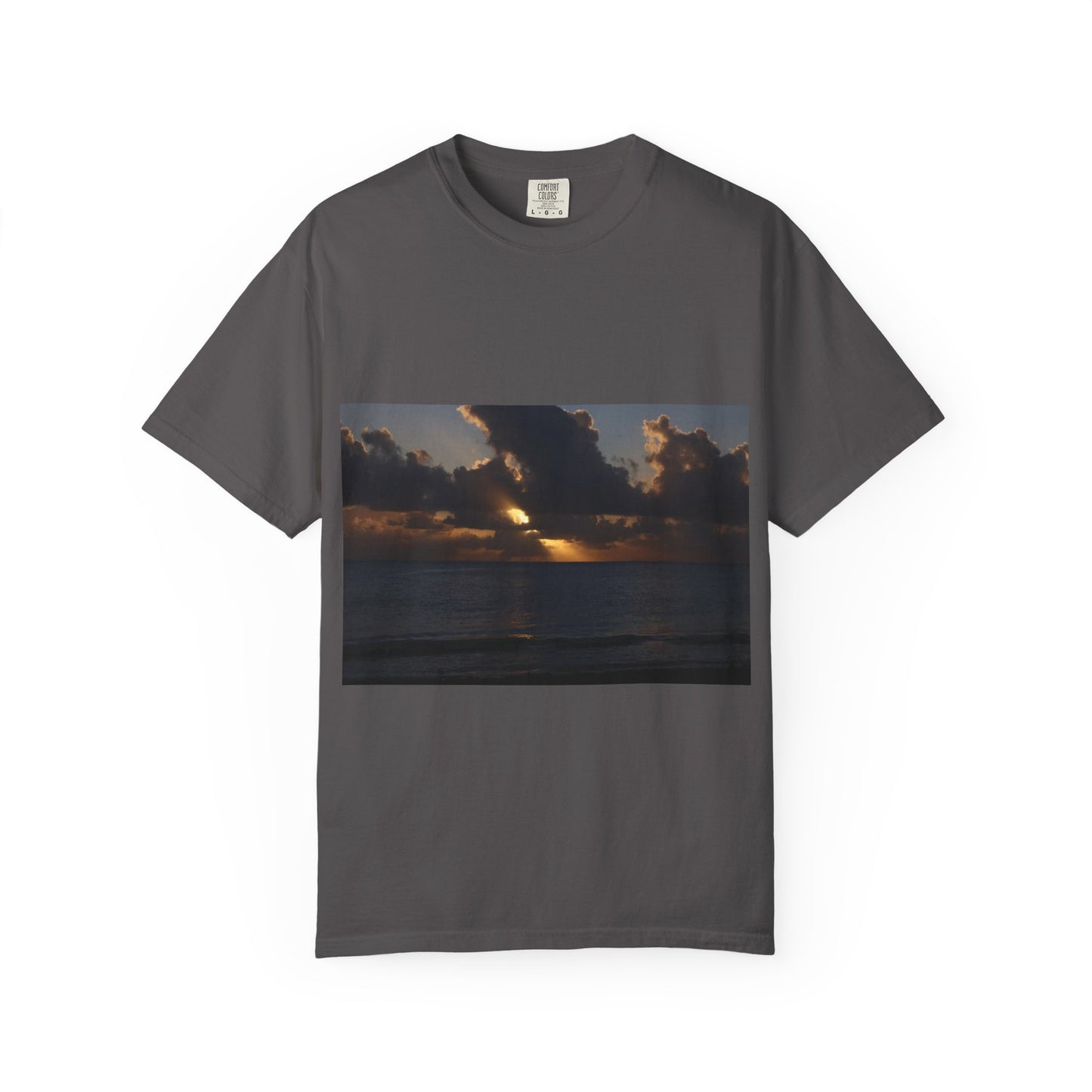 Dawn's Luminous Horizon: Seascape Sunrise, Coastal Cloudscape Panoramaphotography shirts