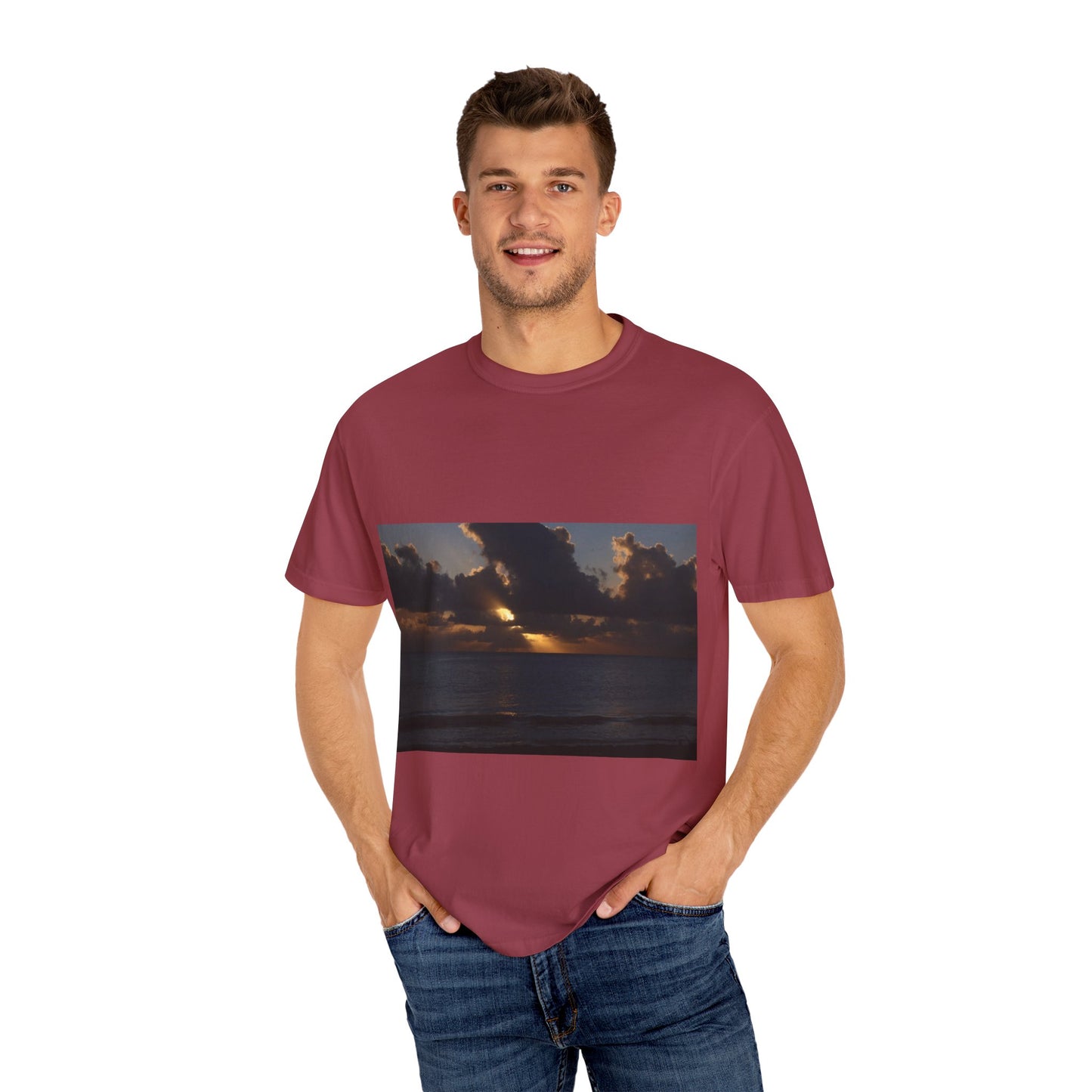Dawn's Luminous Horizon: Seascape Sunrise, Coastal Cloudscape Panoramaphotography shirts
