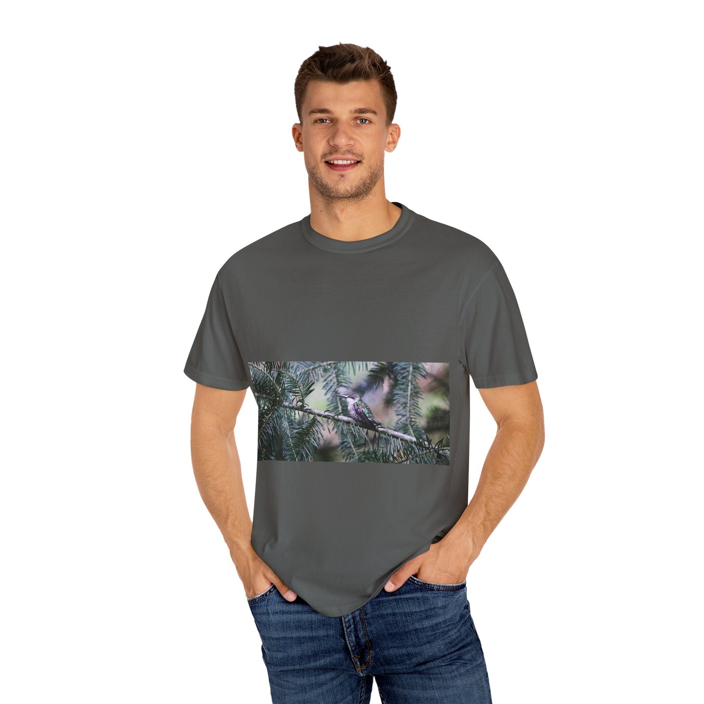 Emerald Wings: Hummingbird in Conifer Haven, Wildlife Macro Photographyphotography shirts