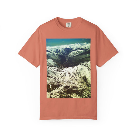 Alpine Winter Panorama: Aerial Mountain Landscape, Snow-Capped Wilderness, Pristine Winter Terrainphotography shirts