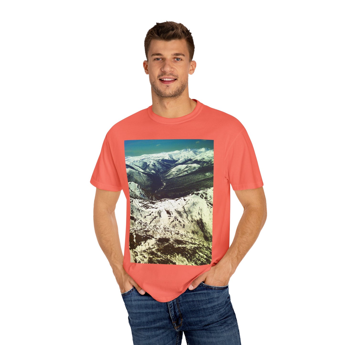 Alpine Winter Panorama: Aerial Mountain Landscape, Snow-Capped Wilderness, Pristine Winter Terrainphotography shirts