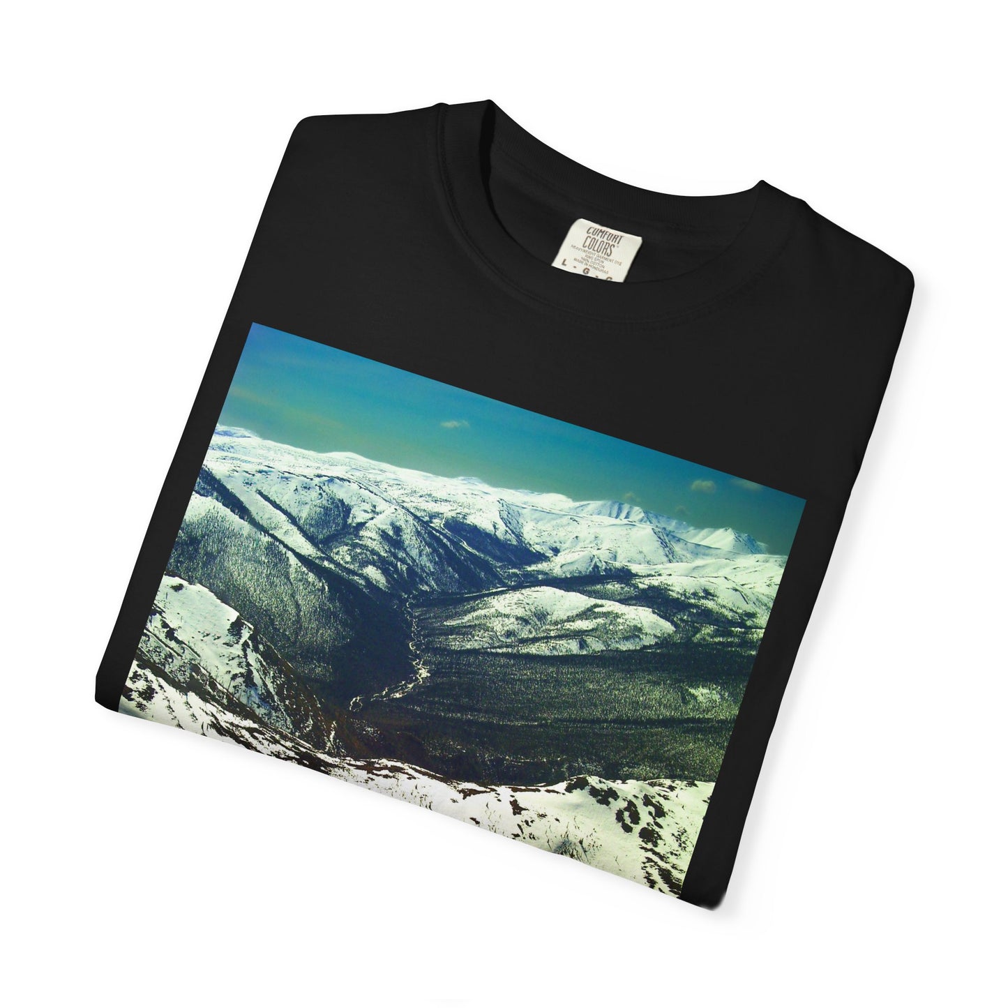 Alpine Winter Panorama: Aerial Mountain Landscape, Snow-Capped Wilderness, Pristine Winter Terrainphotography shirts